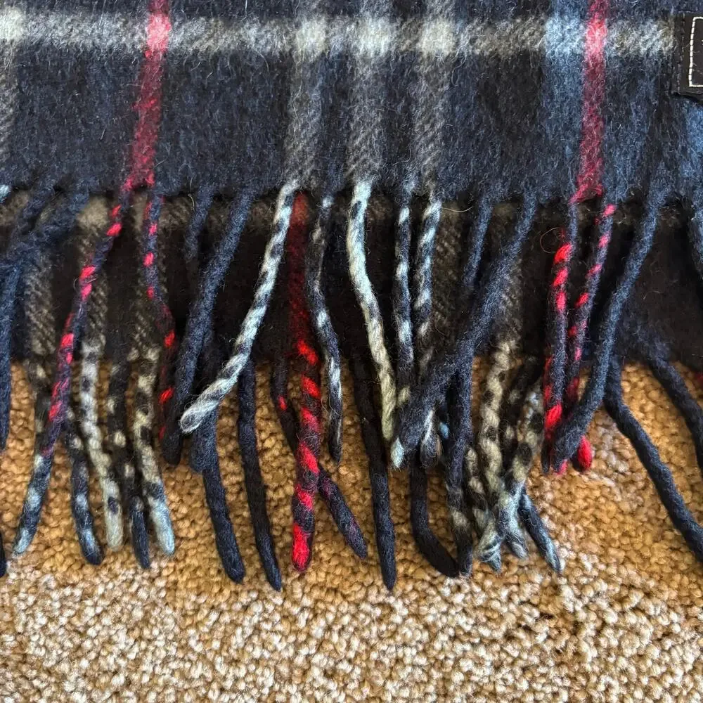 FLAWED Burberry 100% Cashmere Scarf Plaid Blue Red Black Vintage Made in England